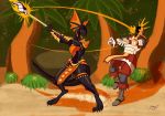  anthro baeowulf battle beach death divinity:_original_sin_2 duo face_melting female fighting_pose fire human lizard lizard_(divinity) male mammal pose reptile scalie seaside selamis_(baeowulf) signature 