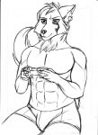  anthro bulge canid canine canis clothed clothing fluffy fluffy_tail fur gaming headphones hi_res holding_object male mammal monochrome muscular muscular_anthro muscular_male open_mouth partially_clothed playing_videogame simple_background sitting solo tattoo underwear white_background wolf zi0808 