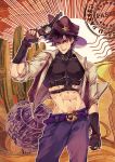  1boy abs adapted_costume arm_up battle_tendency belt belt_buckle blue_eyes brown_hair brown_headwear brown_theme buckle cactus clenched_hand commentary cowboy cowboy_hat cowboy_shot crop_top english_text fingerless_gloves gloves gun hair_between_eyes handgun hat highres holding holding_gun holding_weapon index_finger_raised jacket jojo_no_kimyou_na_bouken joseph_joestar_(young) male_focus midriff navel open_clothes open_jacket open_mouth pants pectorals revolver short_hair sky_kiki sleeves_rolled_up smile solo standing symbol_commentary tumbleweed weapon western 