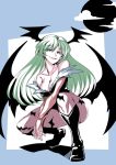  1girl animal_print bare_shoulders bat_print bat_wings breasts bridal_gauntlets cleavage demon_girl elbow_gloves gloves green_eyes green_hair head_wings large_breasts leotard long_hair looking_at_viewer morrigan_aensland open_mouth pantyhose print_legwear smile solo tukiwani vampire_(game) wings 