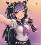  1girl ;q arm_up bangs black_hair black_nails black_skirt blue_hair blush breasts danganronpa ear_piercing eyebrows_visible_through_hair fake_horns fingerless_gloves gloves grey_hair hand_up highres horns jewelry lip_piercing long_hair looking_at_viewer medium_breasts mioda_ibuki multicolored_hair nail_polish necklace one_eye_closed piercing pink_eyes pink_hair pleated_skirt recording ring sailor_collar school_uniform serafuku shellvi short_sleeves single_glove skirt smile solo super_danganronpa_2 thumb_ring tongue tongue_out w 