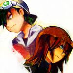  2boys baseball_cap black_hair brown_hair goggles goggles_on_head gold_(pokemon) green_eyes hat male_focus multiple_boys nintendo pokemon pokemon_special red_hair satoshi_nai silver_(pokemon) simple_background upper_body white_background 