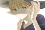  1girl bangs blonde_hair blunt_bangs braid closed_mouth dungeon_meshi elf frs2 green_eyes hair_over_shoulder hand_on_headwear hand_up hat long_hair looking_at_viewer marcille pointy_ears portrait shade simple_background smile solo white_background witch witch_hat younger 
