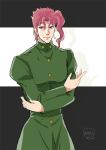  1boy black_background blue_eyes closed_mouth coat cropped_arms earrings green_coat hair_intakes half-closed_eyes jewelry jojo_no_kimyou_na_bouken kakyouin_noriaki long_sleeves looking_at_viewer male_focus mechakucha pink_hair short_hair sketch smile solo standing stardust_crusaders two-tone_background white_background 
