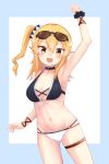  1girl :d arm_up armpits ass_visible_through_thighs bangs bare_shoulders bikini black_choker blonde_hair blush breasts brown_eyes choker cleavage collarbone eyebrows_visible_through_hair eyewear_on_head hair_between_eyes hair_ornament halter_top halterneck highres hinatsuki_mikan kuramoto_takato lace-trimmed_choker lace_trim large_breasts long_hair looking_at_viewer machikado_mazoku navel open_mouth side_ponytail simple_background skindentation smile solo standing sunglasses swimsuit thigh_strap upper_teeth 