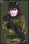  anthro armor black_hair blue_eyes bulletproof_vest clothed clothing fangs felid female fur gloves green_eyes gun hair handwear headgear helmet heterochromia hi_res holding_object holding_weapon mammal multicolored_hair open_mouth pantherine piercing pink_hair ranged_weapon rifle simple_background smile solo tiger two_tone_hair weapon white_body white_fur zi0808 