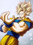  1boy blonde_hair blue_eyes blurry bracer closed_mouth cowboy_shot depth_of_field dragon_ball dragon_ball_z highres looking_at_viewer male_focus mattari_illust muscle serious solo son_gokuu spiked_hair standing super_saiyan super_saiyan_1 