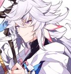  1boy ahoge bangs bishounen center_frills eyebrows eyebrows_visible_through_hair fate/grand_order fate_(series) flower_knot hair_between_eyes hair_ornament highres holding holding_staff holding_weapon hood hood_down hooded_robe long_hair looking_at_viewer male_focus merlin_(fate) multicolored_hair pink_ribbon purple_eyes ribbon robe shigetake_(buroira) simple_background smile solo staff tassel turtleneck two-tone_hair upper_body very_long_hair weapon white_background white_hair white_robe 
