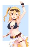  1girl :d arm_up armpits ass_visible_through_thighs bangs bare_shoulders belt bikini black_choker blonde_hair blush breasts brown_eyes choker cleavage collarbone eyebrows_visible_through_hair eyewear_on_head hair_between_eyes hair_ornament halter_top halterneck highres hinatsuki_mikan kuramoto_takato lace-trimmed_choker lace_trim large_breasts long_hair looking_at_viewer machikado_mazoku navel open_mouth side_ponytail simple_background smile solo standing sunglasses swimsuit thigh_strap upper_teeth 