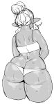  ass bare_shoulders bikini butt_crack commentary_request curvy dark_skin elf-san_wa_yaserarenai. from_behind hair_bun highres huge_ass kuroeda-san long_hair monochrome pointy_ears simple_background skindentation sweat swimsuit synecdoche thick_thighs thighs white_background wide_hips 