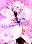  1boy ahoge bangs bishounen black_pants center_frills cyagama fate/grand_order fate_(series) flower flower_knot hair_between_eyes hair_ornament hood hood_down hooded_robe long_hair long_sleeves looking_at_viewer male_focus merlin_(fate) multicolored_hair pants petals pink_ribbon purple_eyes ribbon robe solo tassel turtleneck two-tone_hair very_long_hair white_hair white_robe wide_sleeves 