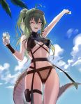  1girl ;d absurdres antenna_hair arknights arm_up bangs bare_arms bare_shoulders black_shirt blue_sky breasts cloud commentary cowboy_shot crocodilian_tail crop_top cup day drinking_glass english_commentary gavial_(arknights) green_hair groin hair_between_eyes highres holding holding_cup long_hair looking_at_viewer midriff navel one_eye_closed open_mouth pointy_ears ponytail shirt sky sleeveless sleeveless_shirt small_breasts smile solo standing stomach suprii tail thigh_strap thighs visor_cap yellow_eyes 