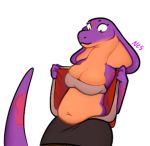  2020 anthro belly bottomwear breasts cleavage clothed clothing female hi_res keeshee long_tail looking_down navel ncs non-mammal_breasts open_clothing open_shirt open_topwear orange_body orange_skin purple_body purple_skin reptile scalie shirt simple_background skirt slightly_chubby snake snake_hood solo topwear undressing white_background 