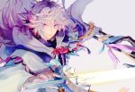  1boy ahoge bangs bishounen center_frills eyebrows eyebrows_visible_through_hair fate/grand_order fate_(series) flower_knot hair_between_eyes hair_ornament holding holding_staff holding_weapon hood hood_down hooded_robe long_hair long_sleeves looking_at_viewer male_focus merlin_(fate) multicolored_hair ootzoo pink_ribbon purple_eyes ribbon robe simple_background smile solo staff sword tassel turtleneck two-tone_hair upper_body very_long_hair weapon white_background white_hair white_robe wide_sleeves 