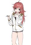  1girl ahoge animal_print black_camisole camisole casual chigusa_asuha hood hooded_jacket jacket key keychain leopard_print long_hair open_mouth qualidea_code red_hair sekiya_asami short_shorts shorts simple_background solo v white_background white_jacket 