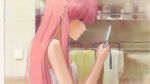  1girl bathroom cellphone flip_phone from_side gasai_yuno hair_down highres holding holding_phone indoors long_hair looking_at_phone mirai_nikki naked_towel phone pink_hair red_eyes shiny shiny_hair solo straight_hair towel upper_body very_long_hair viscum wet wet_hair 