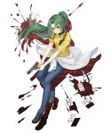  1girl ace_of_spades card clothes_around_waist crossover denim drop_shadow full_body green_eyes green_hair grin gun handgun higurashi_no_naku_koro_ni holster jeans ji_no long_hair looking_at_viewer official_art pants playing_card ponytail shirt shirt_around_waist sinoalice smile solo sonozaki_mion t-shirt transparent_background weapon 