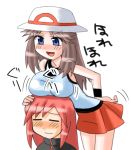  1boy 1girl blue_(pokemon) blue_eyes blush breast_rest breasts brown_hair copo_deluxe creatures_(company) game_freak hat jiggling leaning_forward leaning_on_person medium_breasts nintendo open_mouth pokemon pokemon_special red_hair silver_(pokemon) skirt wristband 