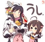  2girls ahoge alternate_costume animal_costume animal_ears animal_print artist_logo bangs bell black_hair blue_eyes bottle bottle_opener braid breasts brown_hair child chinese_zodiac commentary_request cow_costume cow_ears cow_hood cow_horns cow_print cowbell dated drinking eyebrows_visible_through_hair hair_ornament hair_over_shoulder highres holding holding_bottle hood hood_down hood_up horns kanon_(kurogane_knights) kantai_collection large_breasts light_blush long_sleeves milk milk_bottle multiple_girls open_mouth red_eyes shigure_(kantai_collection) short_hair simple_background single_braid smile translation_request upper_body white_background yamashiro_(kantai_collection) year_of_the_ox younger 