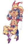  1boy 1girl abs arm_grab arms_up blonde_hair blue_jumpsuit boots bracer carrying charlotte_(seiken_densetsu_3) commentary dancing_youkai full_body fur_trim grin happy hat invisible_chair jacket kevin_(seiken_densetsu_3) long_hair long_sleeves messy_hair open_mouth pants red_footwear red_headwear seiken_densetsu seiken_densetsu_3 shoulder_carry simple_background sitting sleeveless sleeveless_jacket smile tan tiger_stripes translation_request white_background yellow_eyes yellow_jacket yellow_pants 