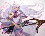  1boy ahoge aito bangs bishounen center_frills fate/grand_order fate_(series) flower flower_knot hair_between_eyes hair_ornament head_tilt highres holding holding_staff holding_sword holding_weapon hood hood_down hooded_robe long_hair long_sleeves looking_at_viewer male_focus merlin_(fate) multicolored_hair petals pink_ribbon purple_eyes ribbon robe simple_background smile solo staff sword tassel turtleneck two-tone_hair very_long_hair weapon white_hair white_robe wide_sleeves 