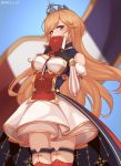  1girl artist_name azur_lane bangs bare_shoulders between_breasts black_gloves blonde_hair blue_legwear blurry blurry_background blush book breasts clothing_request commentary covering_mouth cross cross_print depth_of_field detached_sleeves dress eyebrows_visible_through_hair flag french_flag gloves hands_up highres holding holding_book juliet_sleeves large_breasts long_hair long_sleeves looking_at_viewer multicolored multicolored_clothes multicolored_legwear puffy_sleeves red_legwear richelieu_(azur_lane) shellvi skindentation sleeves solo striped striped_sleeves thighhighs white_legwear zettai_ryouiki 