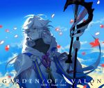  1boy ahoge ays1071 bangs bishounen center_frills cloud copyright_name fate/grand_order fate_(series) flower flower_knot hair_between_eyes hair_ornament holding holding_staff holding_weapon hood hood_down hooded_robe long_hair long_sleeves looking_to_the_side male_focus merlin_(fate) multicolored_hair petals pink_ribbon purple_eyes ribbon robe sky solo staff tassel turtleneck two-tone_hair upper_body very_long_hair weapon white_hair white_robe wide_sleeves 