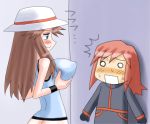  1boy 1girl blue_(pokemon) blush breasts brown_hair copo_deluxe embarrassed hat holding kiyobeii large_breasts long_hair open_mouth pokemon pokemon_special presenting_breasts red_hair shirt silver_(pokemon) simple_background smile standing 