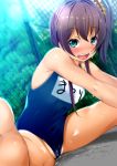  1girl :d aqua_eyes blush brown_hair chain-link_fence fence flower fumihiko_(pixiv2658856) hair_flower hair_ornament highres hololive looking_at_viewer name_tag natsuiro_matsuri open_mouth outdoors school_swimsuit shiny shiny_skin short_hair side_ponytail sitting smile solo split spread_legs sunflower swimsuit virtual_youtuber wet 