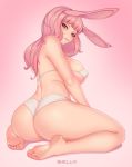 1girl absurdres animal_ears artist_name ass back bangs bare_legs bare_shoulders barefoot bikini blush breasts bunny_ears commentary commission covered_nipples feet from_behind from_below highres large_breasts lips long_hair looking_at_viewer looking_back original pink_background pink_hair shellvi sitting skindentation smile soles solo swimsuit thick_thighs thighs toes wariza white_bikini 