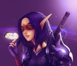  1girl armor bangs blindfold blood_elf breastplate bug butterfly butterfly_on_finger commentary commission face glowing glowing_eyes gradient gradient_background hand_up highres insect lips long_eyebrows parted_bangs parted_lips pointy_ears purple_background purple_hair red_blindfold shellvi shoulder_armor smile solo warcraft world_of_warcraft 