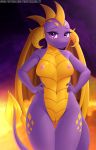  2020 activision anthro areola breasts crossgender digital_media_(artwork) dragon eyebrows female fingers front_view genitals hi_res horn looking_at_viewer navel nipples non-mammal_breasts nude purple_eyes pussy solo spyro spyro_the_dragon text twistedscarlett60 url video_games wings 