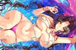  alracoco bikini black_hair blush braids breasts fate/grand_order fate_(series) long_hair necklace petals ribbons sesshouin_kiara signed swimsuit waifu2x water wristwear yellow_eyes 