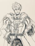  1boy alternate_costume armor belt cape earrings fate/prototype fate/prototype:_fragments_of_blue_and_silver fate_(series) gloves greyscale highres jewelry koryuu_(gackter10) looking_at_viewer lucius_tiberius_(fate) male_focus messy_hair monochrome sketch teeth 