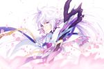  1boy ahoge bangs bishounen center_frills fate/grand_order fate_(series) flower flower_knot hair_between_eyes hair_ornament holding holding_staff holding_weapon hood hood_down hooded_robe light_smile long_hair looking_at_viewer male_focus merlin_(fate) multicolored_hair petals pink_ribbon purple_eyes ribbon robe simple_background smile solo staff tassel turtleneck two-tone_hair upper_body very_long_hair weapon white_background white_hair white_robe xia_(ryugo) 