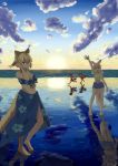  4girls :d alternate_costume animal_ears arm_at_side arm_up australian_devil_(kemono_friends) backlighting bare_arms bare_legs bare_shoulders barefoot beach bikini bikini_skirt blonde_hair breasts brown_eyes brown_hair cleavage closed_mouth cloud denim denim_shorts dingo_(kemono_friends) dog_ears dog_girl dog_tail eyebrows_visible_through_hair full_body hair_between_eyes halterneck hand_up hane_(kirschbaum) high_ponytail highres horizon kangaroo_ears kangaroo_tail kemono_friends light_brown_hair looking_at_viewer morning multicolored_hair multiple_girls navel ocean open_clothes open_mouth open_shorts outdoors outstretched_arm outstretched_hand red_kangaroo_(kemono_friends) reflection ripples running shorts sky smile spread_fingers standing standing_on_one_leg stomach sun sunrise swimsuit swimsuit_under_clothes tail tasmanian_devil_(kemono_friends) tasmanian_devil_ears tasmanian_devil_tail twintails unbuttoned water 