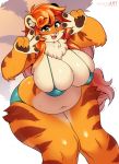  3mangos anthro big_breasts bikini bodily_fluids breasts cleavage clothed clothing felid female gesture hi_res looking_at_viewer mammal navel open_mouth overweight overweight_anthro overweight_female pantherine skimpy solo sweat swimwear thick_thighs tiger v_sign wide_hips 