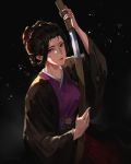  1girl black_hair brown_eyes dark_background emma_the_gentle_blade highres holding holding_sword holding_weapon japanese_clothes jiro_(ninetysix) katana kimono looking_at_viewer parted_lips sekiro:_shadows_die_twice short_hair sitting solo sword updo weapon 