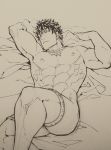  1boy abs bara bed caligula_(fate/grand_order) come_hither fate/grand_order fate_(series) greyscale highres koryuu_(gackter10) male_focus monochrome muscle nipples nude short_hair simple_background solo thick_thighs thighs toned toned_male white_robe 