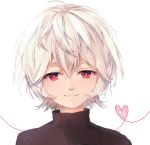  1boy bangs hair_between_eyes heart heart_of_string kuga_yuuma looking_at_viewer red_eyes ribbed_sweater simple_background smile solo sweater syerii turtleneck turtleneck_sweater white_background white_hair world_trigger 
