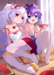  2girls :d absurdres animal azur_lane bangs bare_arms bare_shoulders bird black_ribbon blue_camisole blue_eyes blue_skirt blush breasts camisole chick commentary_request curtains eyebrows_visible_through_hair food fork hair_between_eyes hair_ribbon hairband highres holding holding_food holding_fork indoors javelin_(azur_lane) laffey_(azur_lane) manjuu_(azur_lane) multiple_girls no_shoes open_mouth pantyhose purple_hair red_eyes red_hairband red_skirt ribbon silver_hair skirt small_breasts smile thighband_pantyhose tsubasa_tsubasa twintails watermark white_camisole white_legwear 