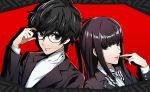  1boy 1girl absurdres adjusting_eyewear amamiya_ren bangs black_eyes black_hair blunt_bangs bow brown_eyes brown_hair glasses highres jacket kosei_high_school_uniform long_hair persona persona_5 school_uniform short_hair shougi_piece shuujin_academy_uniform smile striped striped_bow tougou_hifumi turtleneck zard 