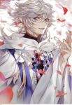  1boy ahoge bangs bishounen center_frills eyebrows eyebrows_visible_through_hair fate/grand_order fate_(series) flower flower_knot hair_between_eyes hair_ornament hood hood_down hooded_robe long_hair long_sleeves looking_at_viewer male_focus merlin_(fate) mina_(1532) multicolored_hair open_mouth petals pink_ribbon purple_eyes ribbon robe simple_background solo tassel turtleneck two-tone_hair upper_body very_long_hair white_background white_hair white_robe wide_sleeves 