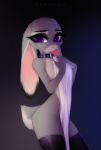  anthro black_background breasts clothing collar covering covering_breasts covering_crotch covering_self disney eyelashes fardros female fur grey_body grey_fur hi_res holding_object judy_hopps lagomorph latex_stockings legwear leporid mammal nude purple_eyes rabbit simple_background solo standing stockings thick_thighs wide_hips zootopia 