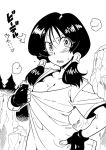  1girl breasts cleavage dragon_ball dragon_ball_z fingerless_gloves gloves greyscale looking_at_viewer monochrome open_mouth shirt solo tukiwani twintails videl white_shirt 