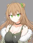  1girl absurdres ahoge bangs bare_shoulders black_tank_top blush bow breasts brown_hair character_name choker cleavage closed_mouth collarbone dog_tags double_bun eyebrows_visible_through_hair fur-trimmed_jacket fur_trim girls_frontline green_bow green_eyes green_jacket hair_between_eyes hair_bow heart highres jacket long_hair looking_at_viewer rfb_(girls_frontline) risshu shirt simple_background sleeveless sleeveless_shirt smile solo tank_top 
