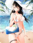  1girl absurdres ass_visible_through_thighs bag bangs bare_shoulders beach bikini black_hair blue_ribbon blush breasts cleavage cloud cloudy_sky collarbone cowboy_shot eyebrows_visible_through_hair girls_frontline gr_greeze hat heterochromia highres holding leaf long_hair low_twintails medium_breasts multicolored_hair navel ocean outdoors parted_lips red_eyes ribbon ro635_(girls_frontline) sand shoulder_bag sky solo standing starfish streaked_hair sun_hat swimsuit teeth thigh_strap twintails water white_bikini white_hair white_headwear yellow_eyes 