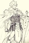  1boy armor belt cape epaulettes fate/prototype fate/prototype:_fragments_of_blue_and_silver fate_(series) gloves greyscale highres koryuu_(gackter10) lucius_tiberius_(fate) male_focus messy_hair monochrome planted_sword planted_weapon sharp_teeth sketch smile sword teeth weapon 