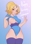  1girl absurdres blonde_hair blue_background blue_eyes blue_legwear blue_shirt blush breasts clothing_request collarbone commentary covered_nipples cowboy_shot crystal_maiden defense_of_the_ancients dota_2 english_commentary english_text forehead_jewel gem gradient gradient_background groin happy_birthday high_ponytail highleg highres large_breasts lips long_hair looking_at_viewer navel nipples parted_lips pink_background ponytail shellvi shirt skindentation smile solo teeth thighhighs thighs v 