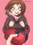  1girl 1other absurdres alternate_costume artist_name bangs blush boku_no_hero_academia box breasts brown_eyes brown_hair brown_jacket commentary gift gift_box giving happy heart heart-shaped_box highres holding holding_box holding_gift hood hood_down jacket layered_sleeves long_sleeves looking_at_viewer open_mouth patreon_logo pink_background pink_scarf plaid plaid_scarf pov pov_hands scarf shellvi short_hair simple_background smile solo_focus upper_body upper_teeth uraraka_ochako 